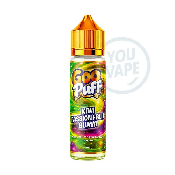 Le e liquide Kiwi Passion Fruit Guava 50ml de la marque Goo Puff vous propose un goût fruité et glacé au kiwi, fruit de la passion et goyave.