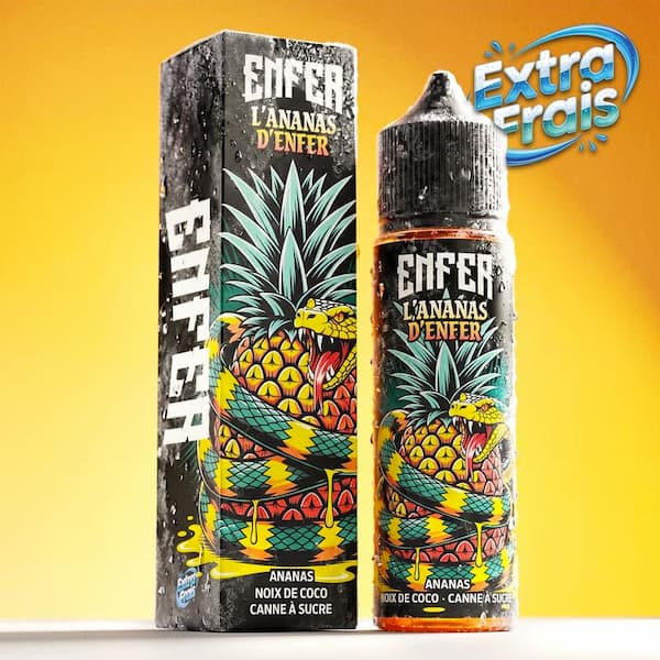 Le e liquide L'Ananas d'Enfer 50ml de la gamme Enfer par Vape 47 est une saveur d'ananas façon piña colada, marié à la noix de coco et à la canne à sucre.